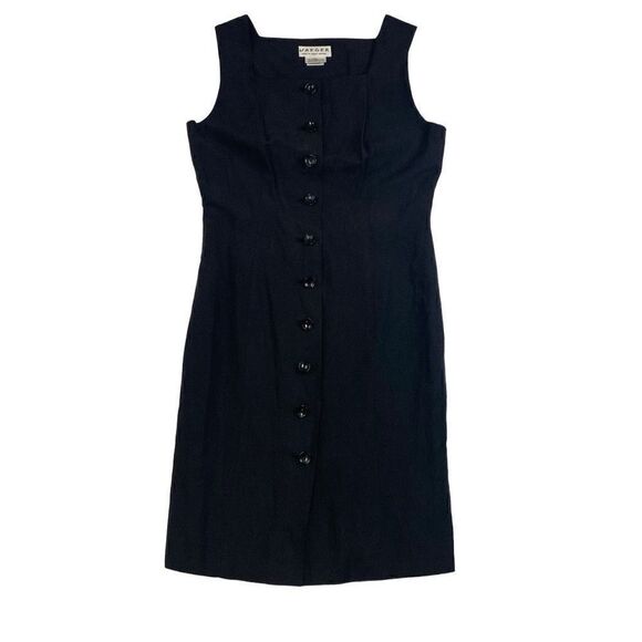 Jaeger Sheath Dress Silk Linen Square Neck Black Sleeveless Button Front Size 10 - Picture 1 of 8